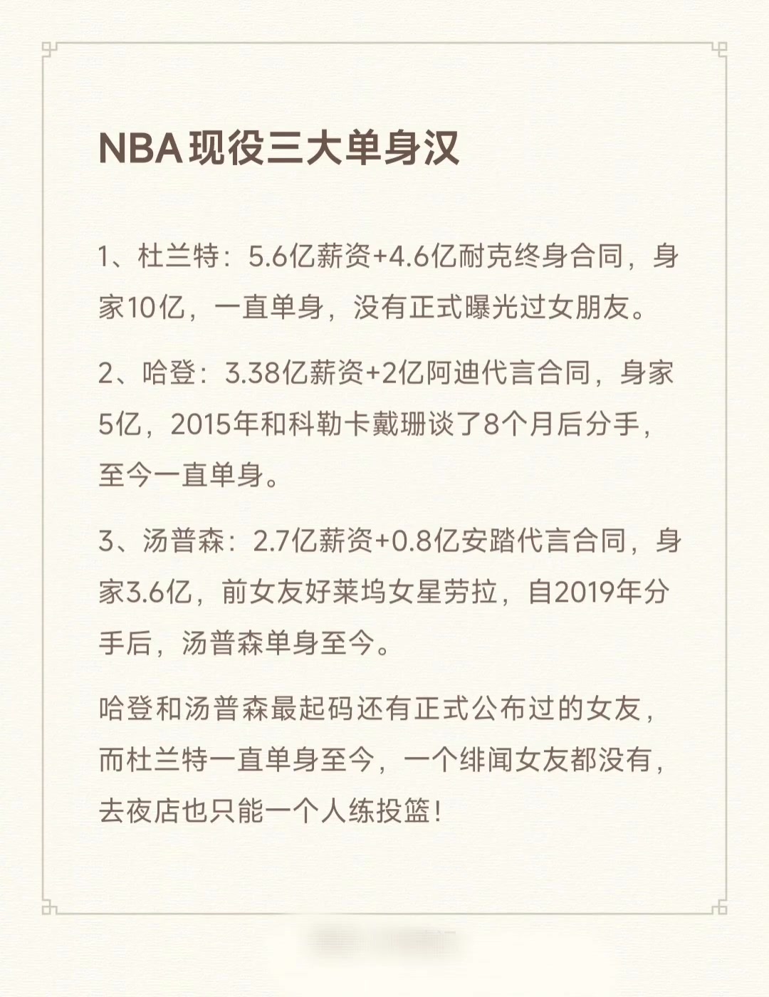 网友盘点NBA三大黄金单身汉：杜兰特 哈登 克莱